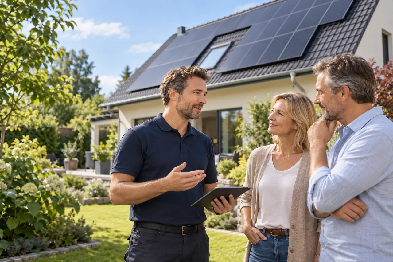 Symbolische Beratungssituation vor einem Haus mit Solaranlage